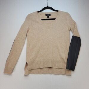 J.Crew V-Neck Sweater Womens XXS Tan Cashmere Wool Leather Elbow Patches